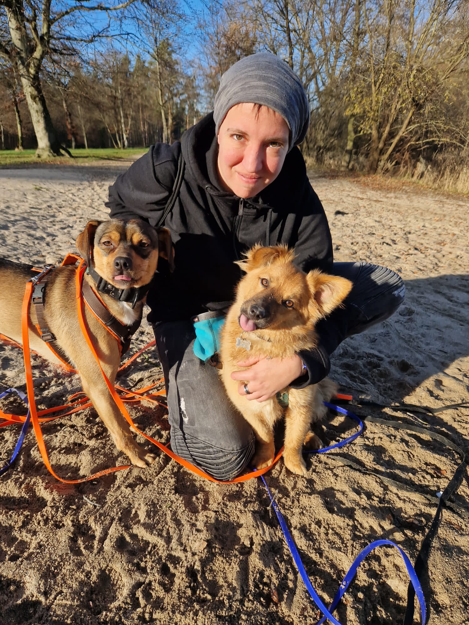 Sassi mit Rocky und Foxy bei einem Spaziergang im Sand
