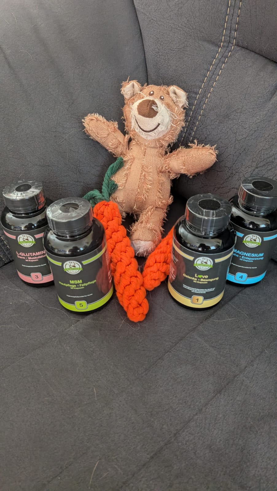 Vier DogsGood-Produkte mit Hundespielzeug aus dem Testpaket von Rocky und Foxy