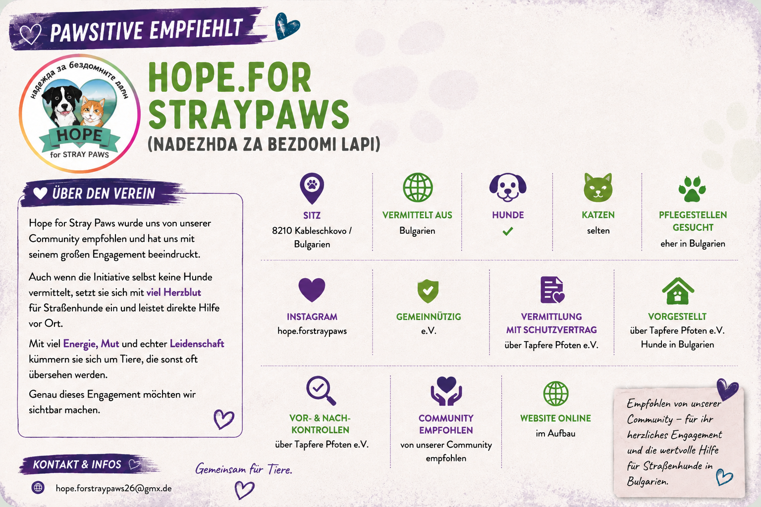 Grafischer Steckbrief von Hope for Stray Paws